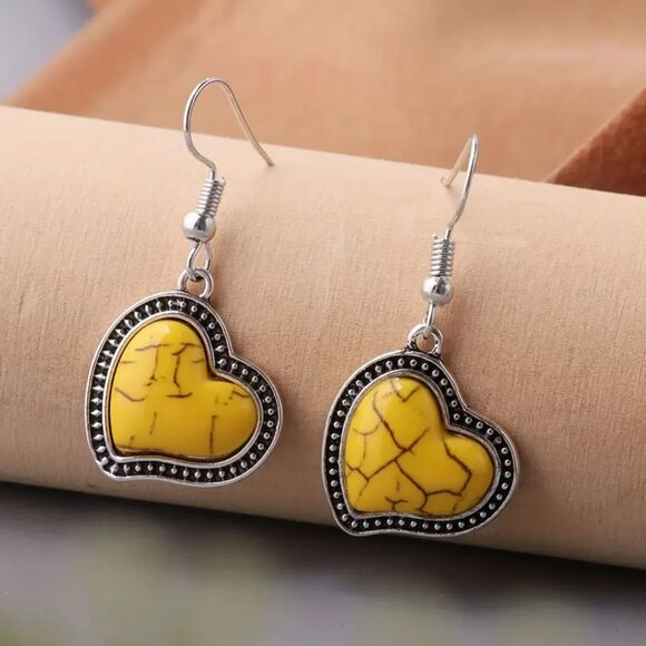 Boutique Jewelry - Yellow Striped Turquoise Heart Dangle Drop Earrings Stainless Boho Gemstne New